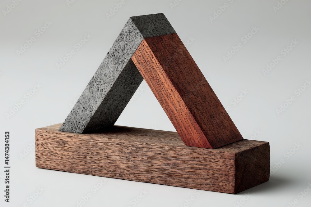Poster geometric wood and stone sculpture showcasing a balanced design with contrasting textures and colors
