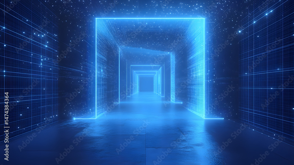 Poster Enter a luminous blue tunnel. Glowing lines form a futuristic corridor, creating depth and drawing the eye into the distance. A captivating, digital space. Abstract wireframe in dark blue.