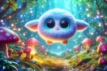 Colorful 3D Fantasy Creature with Big Eyes Floating in a Glowing Enchanted Forest