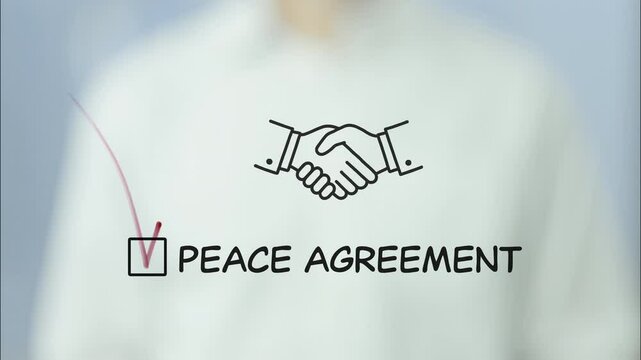 Businessman marking a checkbox for a peace agreement on a transparent board, symbolizing the acceptance and finalization of a crucial treaty