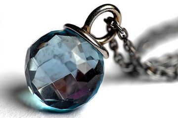 Jewelry pendant with intricate faceted design, showcasing a shimmering blue gemstone illuminated by natural light