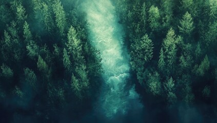 Obraz premium Misty forest river valley. Dense evergreen trees frame a flowing river, shrouded in mist. A tranquil, aerial view