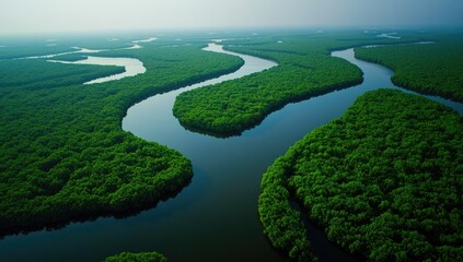 Lush river meanders through a dense, verdant forest.  Aerial view of winding waterways and lush, green islands