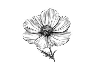 Vintage Cosmos Flower Art, hand-drawn antique botanical illustration, black engraving, trendy floral decor, bloom sketch, old style flower engraving, retro flora print, classic vintage