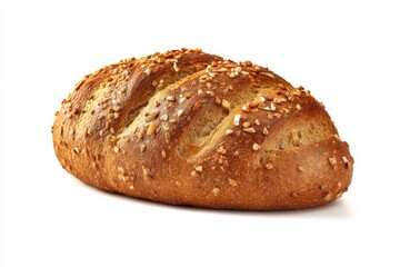 A freshly baked loaf of multigrain bread, studded with seeds, sits on a white background.
