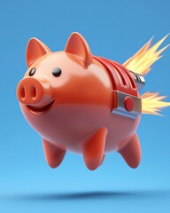 Piggy bank soars with rocket power against blue sky symbolizing financial growth and investment success in 3D render