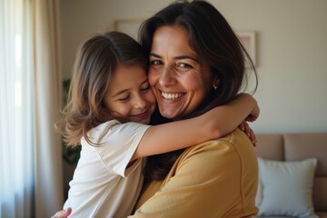 Mother and daughter from Latin America sharing a tender embrace at home