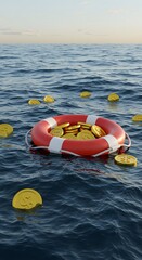 Life preserver floating with coins in water symbolizes financial assistance, economic rescue, or monetary support during emergencies, hardship, or financial crises.








