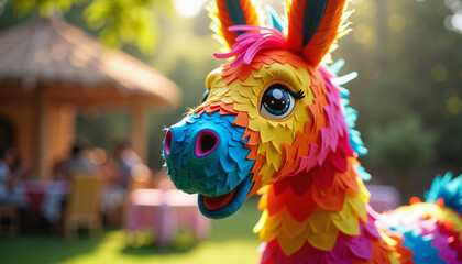 Obraz premium Colorful pinata horse smiling in a festive outdoor setting 