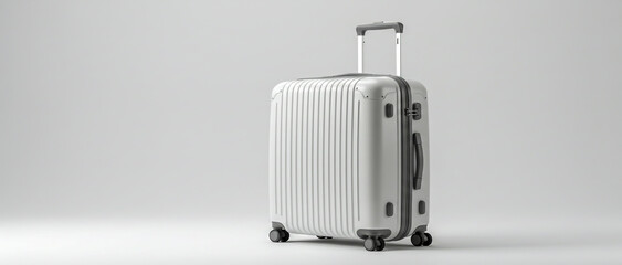 Modern white rolling suitcase isolated on a clean and minimalist white background for travel