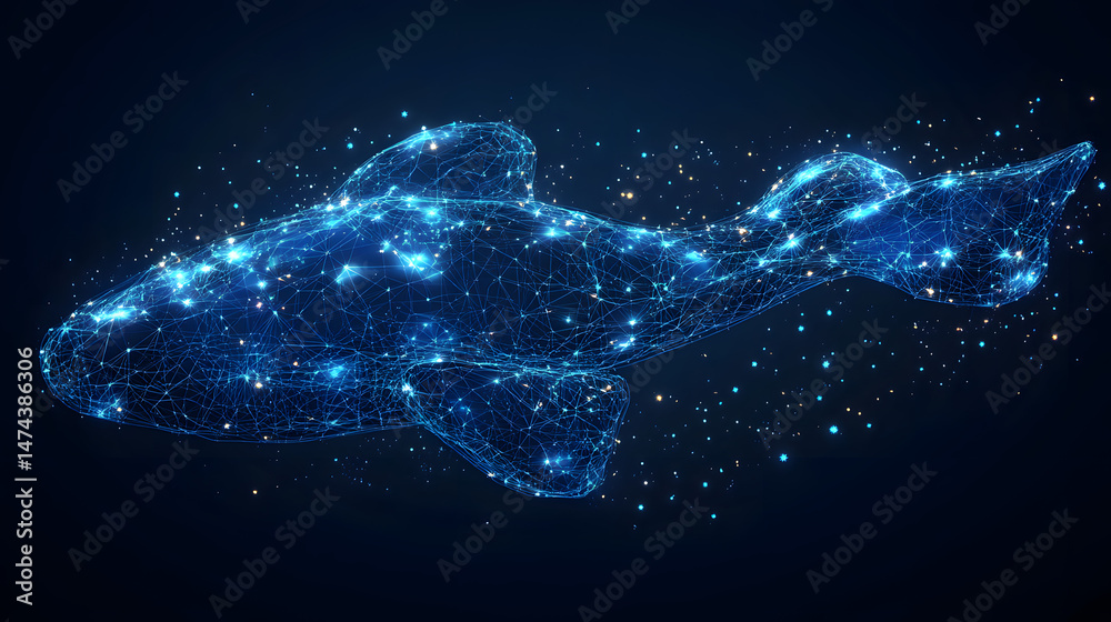 Poster futuristic manta ray outlined in glowing blue lines against a dark blue backdrop, dotted with starli