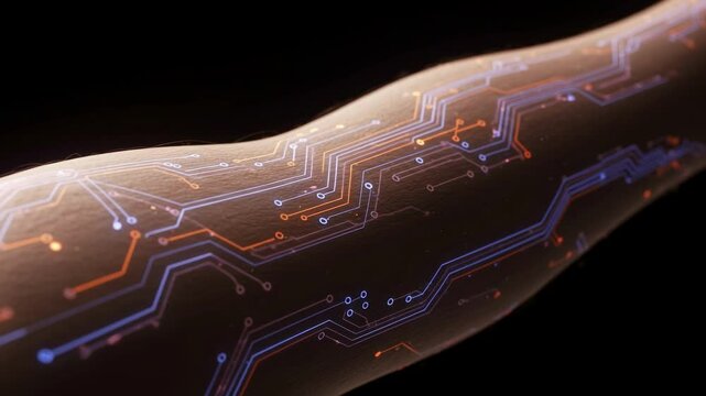 Human arm with glowing orange and blue circuit board patterns integrated beneath the skin, showcasing a futuristic concept of cybernetic enhancement and technology-biology integration