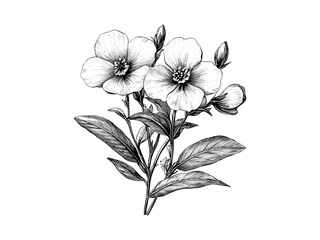 Hand-drawn sketch of Evening Primrose, engraved floral illustration, vintage print, trendy flower art, antique black engraving, botanical bloom decor, old-fashioned sketch, floral design