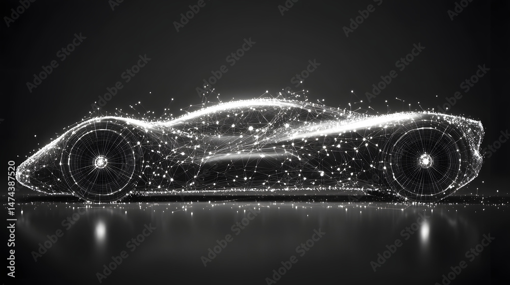 Aufkleber futuristic sports car concept illustrated with glowing wireframes against a dark background. evokes 