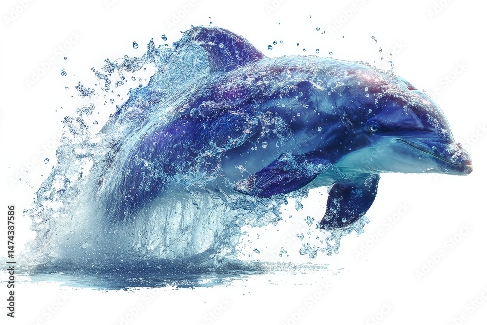 Poster dolphin leaps gracefully out of the ocean, creating a splash on a sunny day in clear blue waters