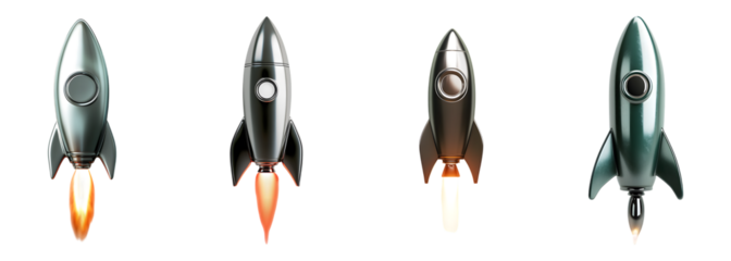 Set of The sleek metallic rocket from the ground isolated on transparent background, Cut out