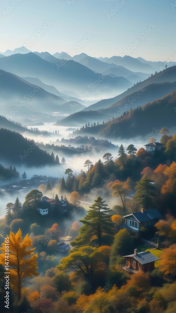 Poster 秋の色の木の家と霧がかった背景のある山々がある風景の眺め