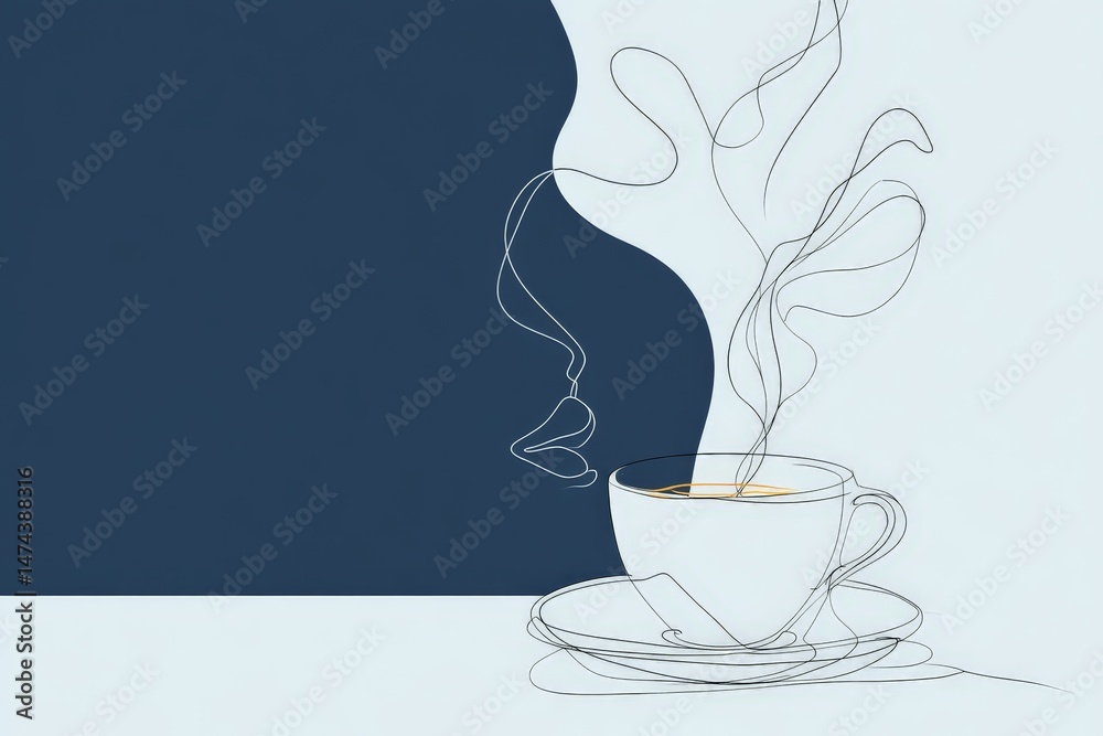 Poster Abstract line art depicting a steaming cup of coffee with minimalistic facial features and soft background colors