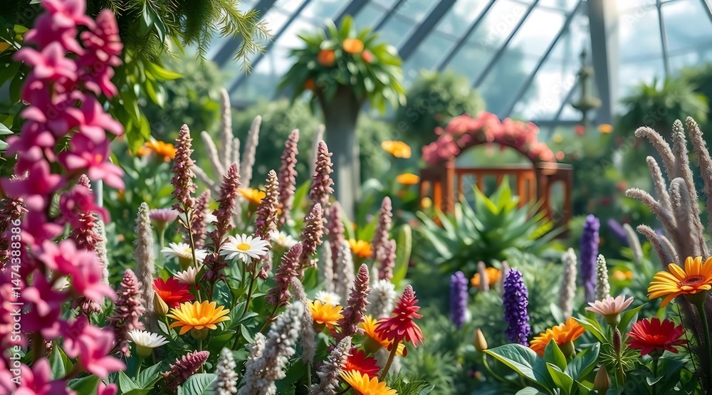 Aufkleber 多様な色と光の満ちた温室庭園 ピンク オレンジ 白 紫の花が咲き誇る壁紙