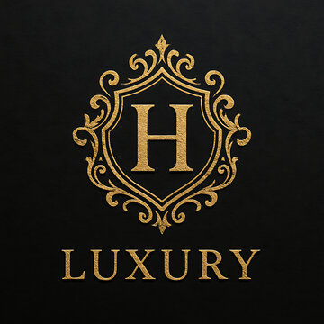Golden Luxury Logo Design with Ornate Shield Crest Featuring Elegant H Symbol on Black Background Premium HighEnd Brand Emblem for Sophisticated Chic Fashionable Vintage Style