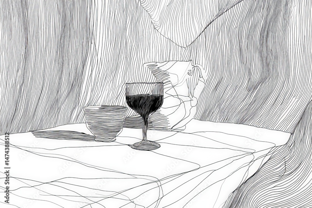 Poster artistic still life featuring a glass of red liquid and ceramic vessels on a textured tablecloth in 