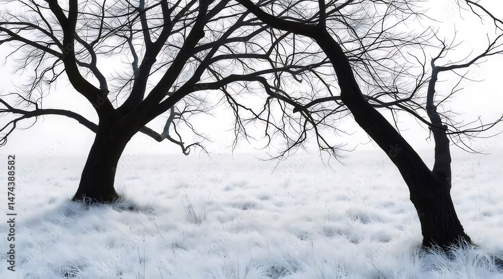 Aufkleber 冬の風景 白い雪と木のシルエット 静寂と寒さの雰囲気 屋外の自然な背景 シーズナルな美しさ