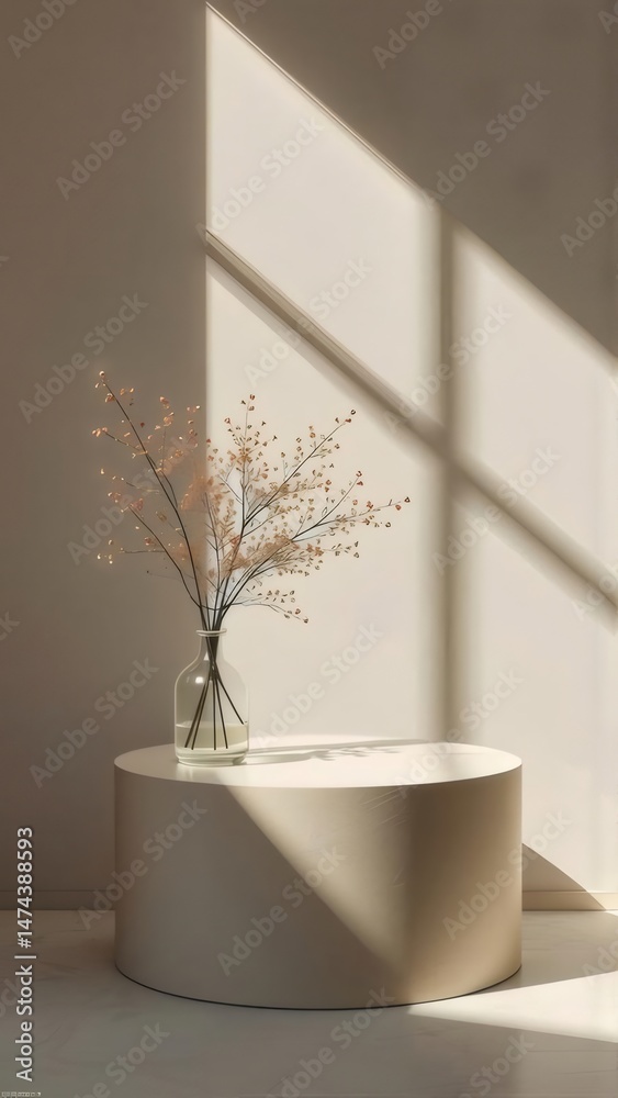 Poster ベージュの円形テーブルの上に花瓶に入った植物の静物 窓からの光と影が壁に落ちるミニマリストの室内装飾
