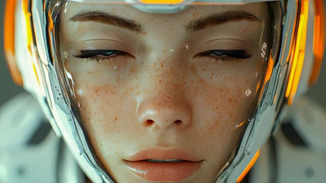 Close-up of a futuristic female cyborg with blue eyes, wearing a high-tech helmet with intricate details and glowing red circuits