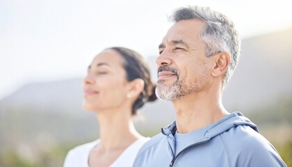 woman man mature couple fitness dreaming relaxation exercise wellbeing meditating freedom inhaling carefree happy vitality dreamlike nature spirituality