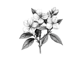 Vintage engraved Jasmine Flower Illustration, hand-drawn botanical sketch, trendy flower art, antique decor, old engraving style, floral nature print, black sketch, jasmine bloom