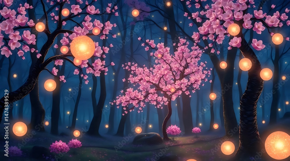 Poster ピンクの桜が咲き乱れる夜の森 ランタンが照らす幻想的な風景