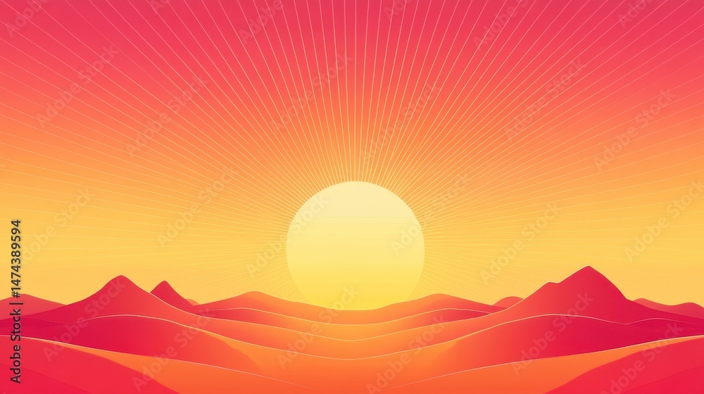 Poster elongated sun rays stretching in a linear pattern, paired with a gradient color scheme of oranges an