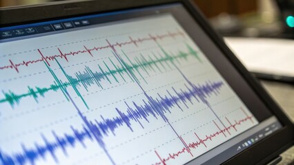 A computer screen displays colorful digital waveforms, indicating data analysis or monitoring of signals in real time.