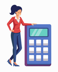 Confident Businesswoman Leaning on a Large Calculator Representing Financial Success and Calculation