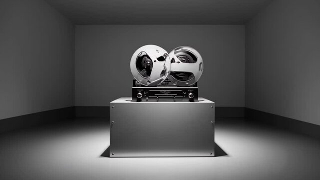 Futuristic video of vintage large format camera on pedestal under spotlight in minimal gallery space

