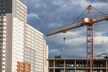 Modern high-rise apartment buildings on a sunny day. Construction of new residential areas. New buildings. Vidnoye, Leninsky district, Moscow region.