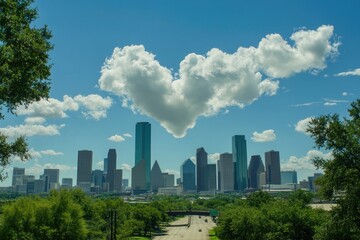 Obraz premium Houston Texas Skyline Under Blue Sky with Clouds Overpass View Daytime