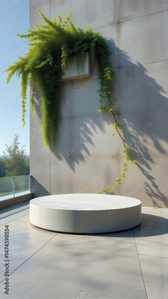Aufkleber ミニマルなコンクリートの台座と緑豊かな植物のある屋外テラス 静かで静かなシーン 日光が影を落とす