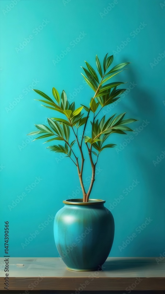 Aufkleber 緑の葉を持つ植物 青緑色の花瓶に静置 青緑色の背景の上 屋内装飾 静物 自然 ミニマルな美学