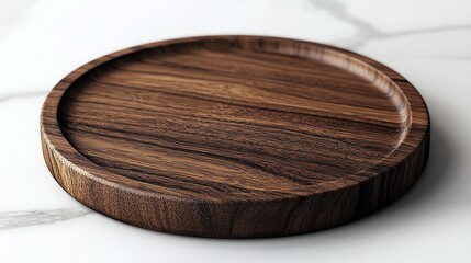 Round, wooden serving tray on marble surface