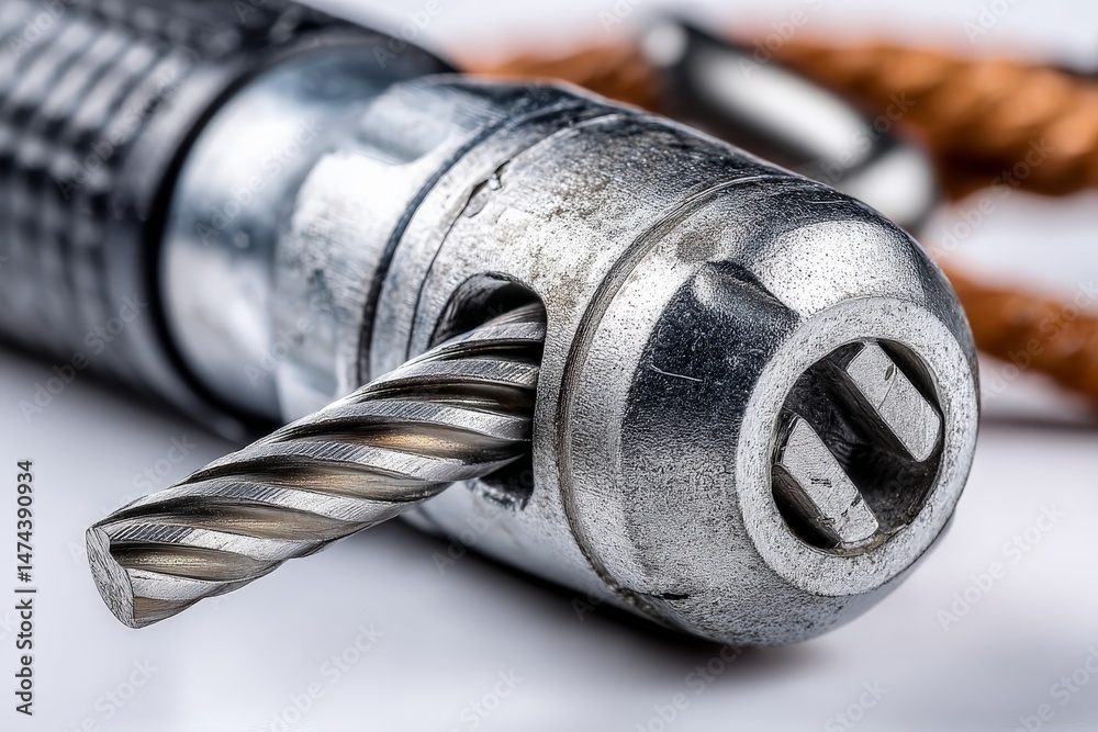 Poster Close-up view of metal drill with twisted bit and textured surface on workshop table
