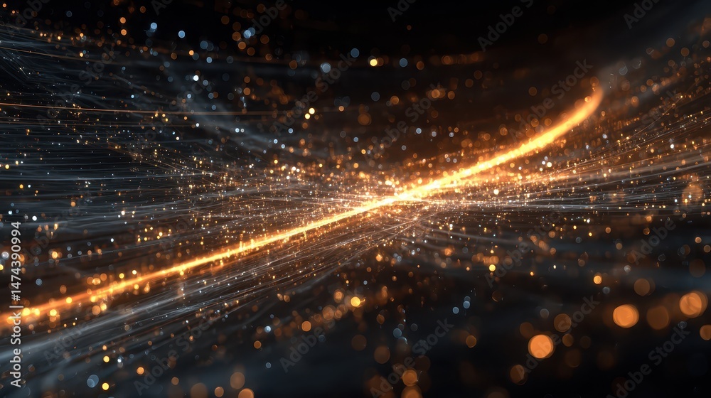 Fototapete An abstract swirl of data lines and glowing particles fills the center, generating a vibrant flow of light. The visualization captures a sense of movement and energy in a dark background