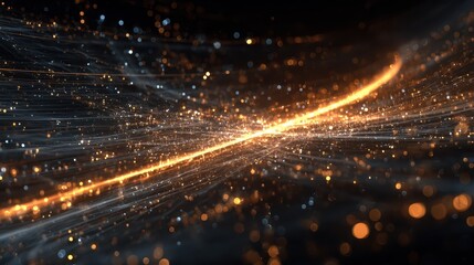 Fototapeta premium An abstract swirl of data lines and glowing particles fills the center, generating a vibrant flow of light. The visualization captures a sense of movement and energy in a dark background