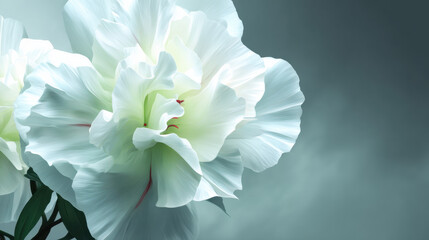 Fototapeta premium A dreamy white azalea flower with delicate petals unfolds against a soft, muted backdrop, evoking a sense of serenity and ethereal beauty in a still life composition.