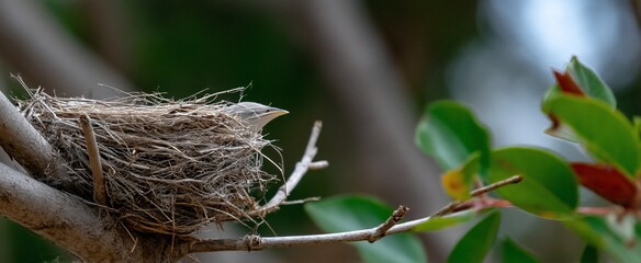 Small bird nestled in a rustic nest