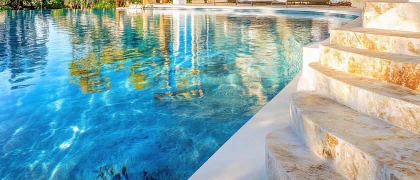 Serene Infinity Pool with Stone Steps and Clear Blue Water Reflecting Trees in Tropical Resort Setting