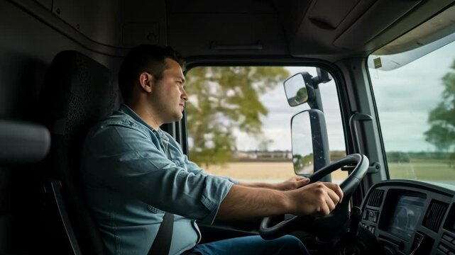 Focused male truck driver in a denim shirt steers a semi-truck, seen from inside the cab navigating the road, representing logistics, transportation industry, and the freight delivery profession