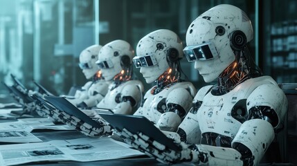 A team of AI workers engaged in content creation, using advanced algorithms to generate news articles, social media posts, and blog entries based on current events and trends.