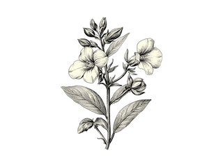 Beardtongue flower engraving, hand-drawn vintage floral sketch, rustic botanical garden print, antique engraved decor motif, trendy floral illustration, old engraving style, vintage art piece.