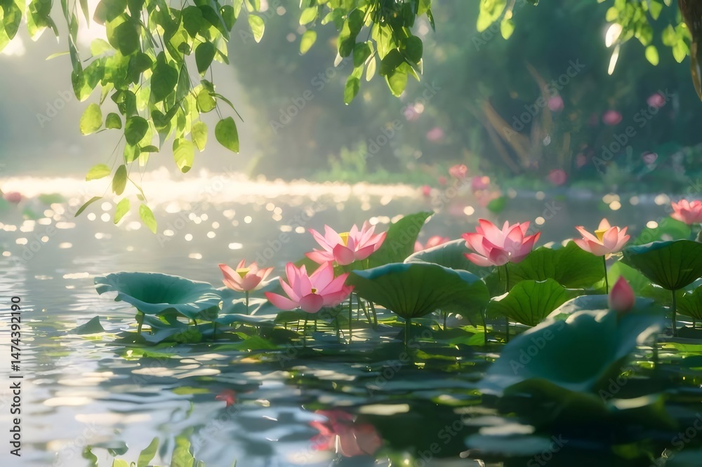 Poster 穏やかな池のピンク色の蓮と緑の葉 太陽光線が差し込む夏の庭の風景